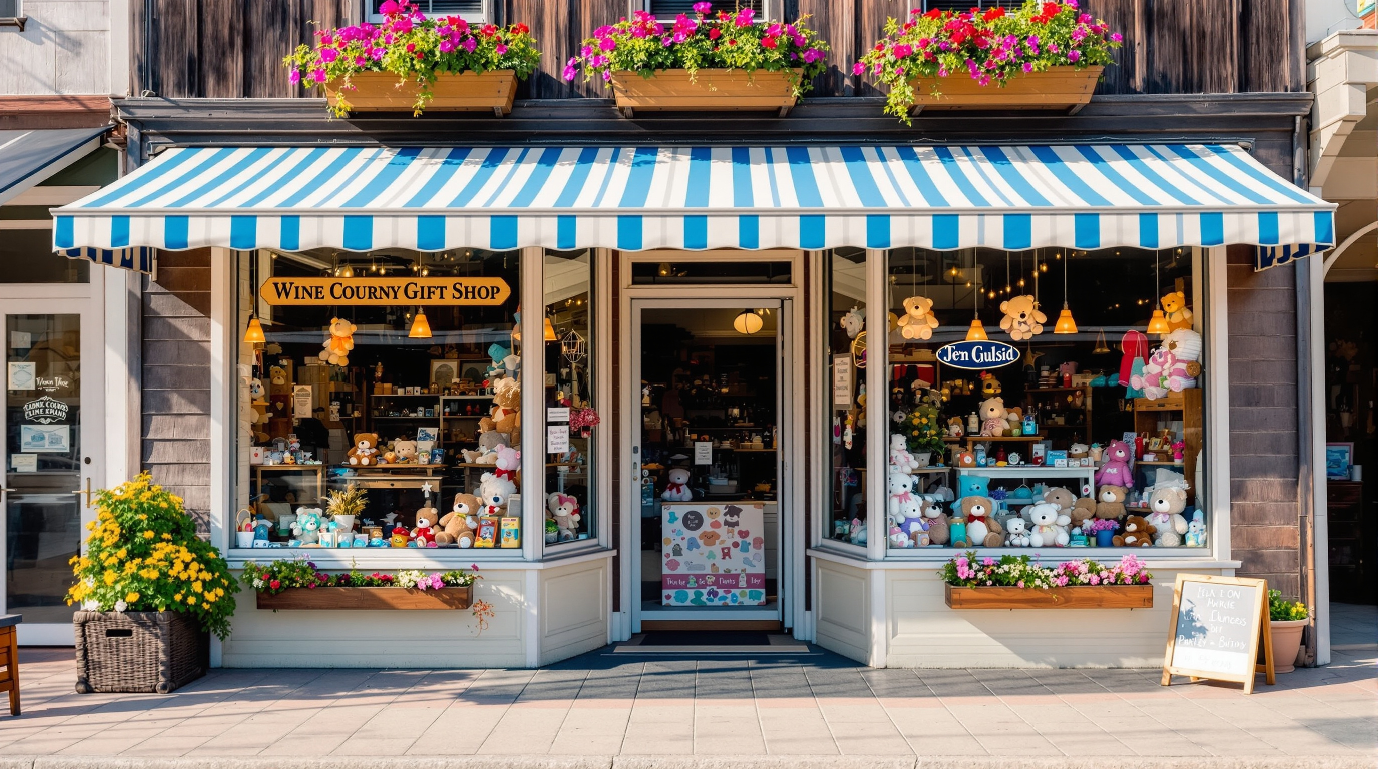 Sunny small-town gift shop storefront with striped awning and toy display window