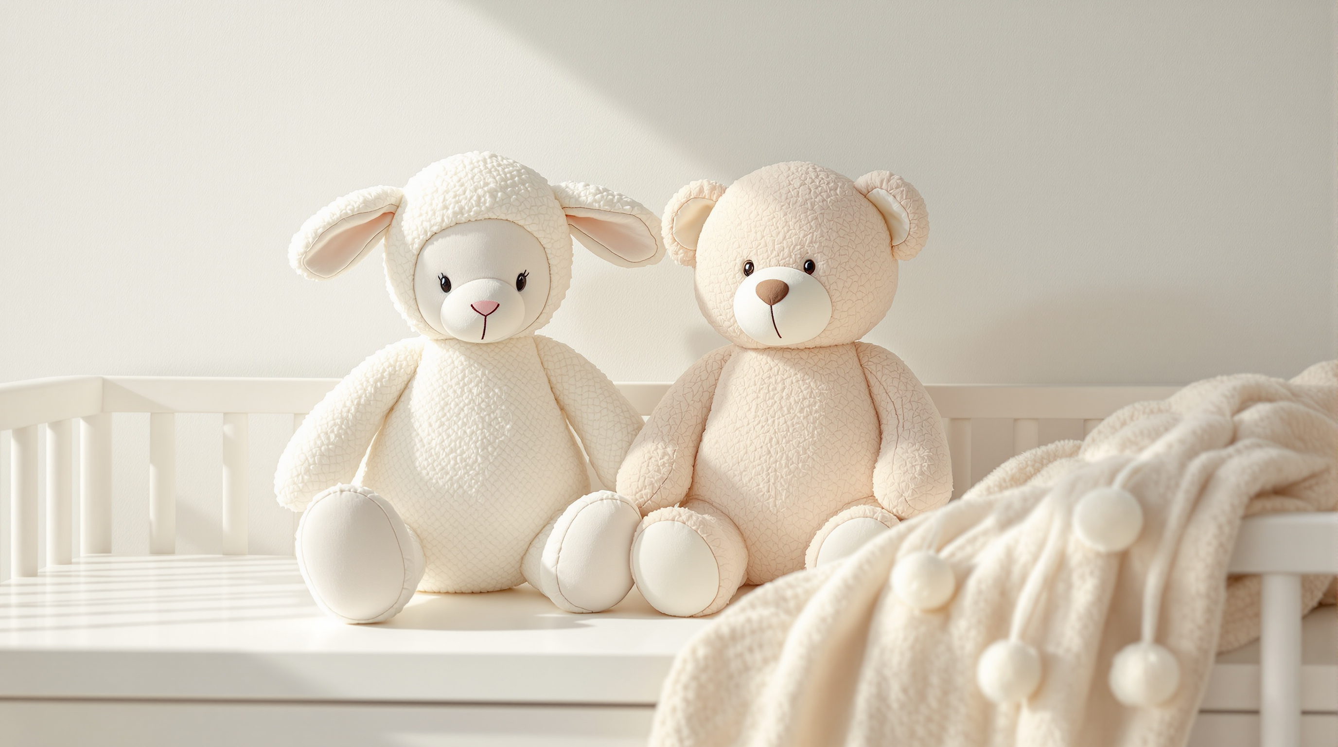 Soft pastel plush lamb, puppy and teddy bear with embroidered eyes on a nursery dresser