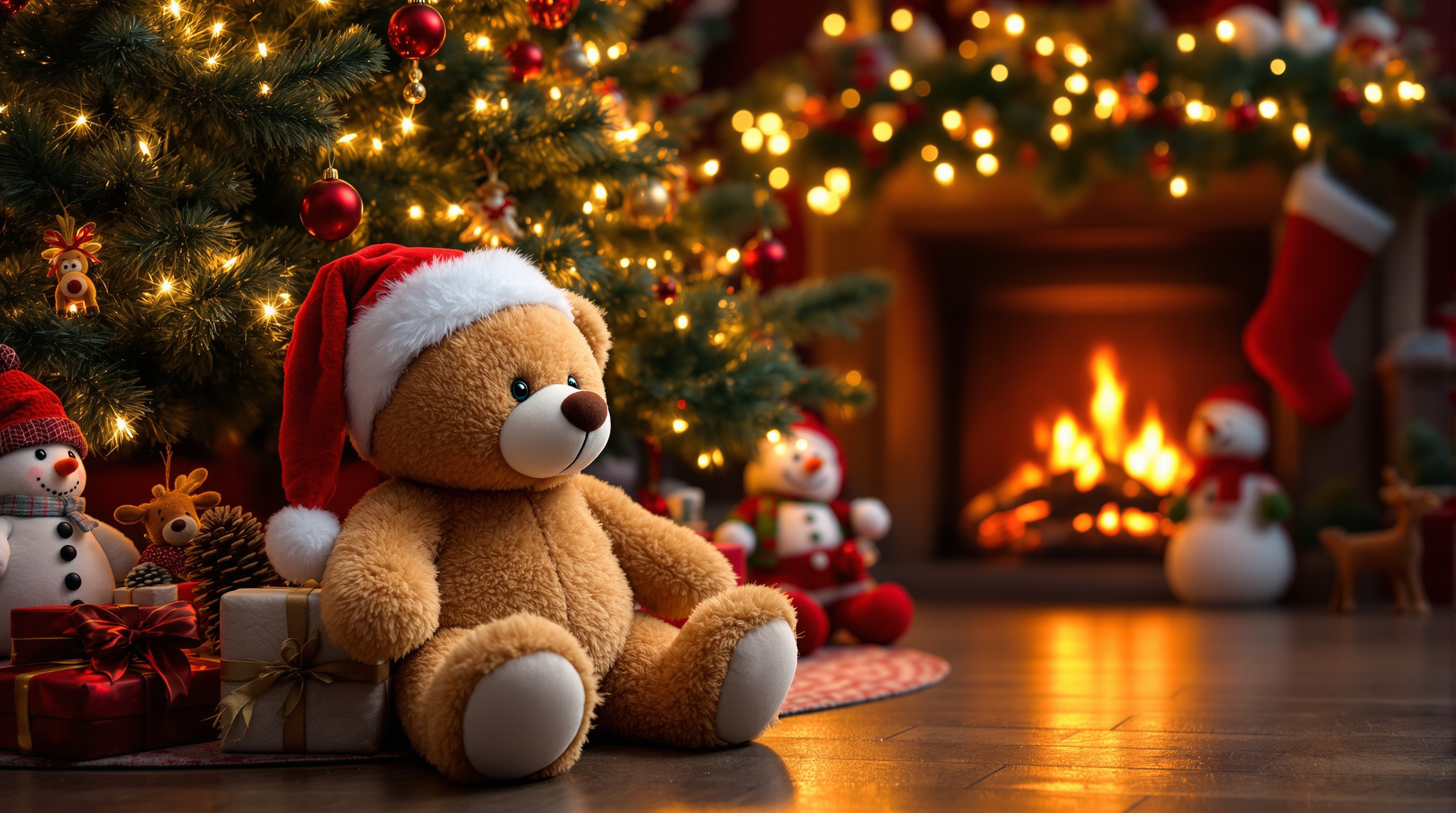 Teddy bear in a Santa hat under a lit Christmas tree with plush reindeer and snowman
