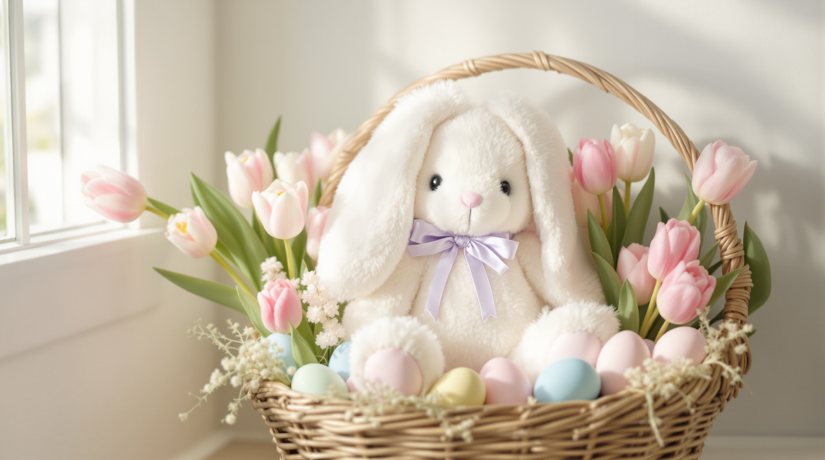 White plush Easter bunny with a lavender bow in a basket with pastel eggs and tulips
