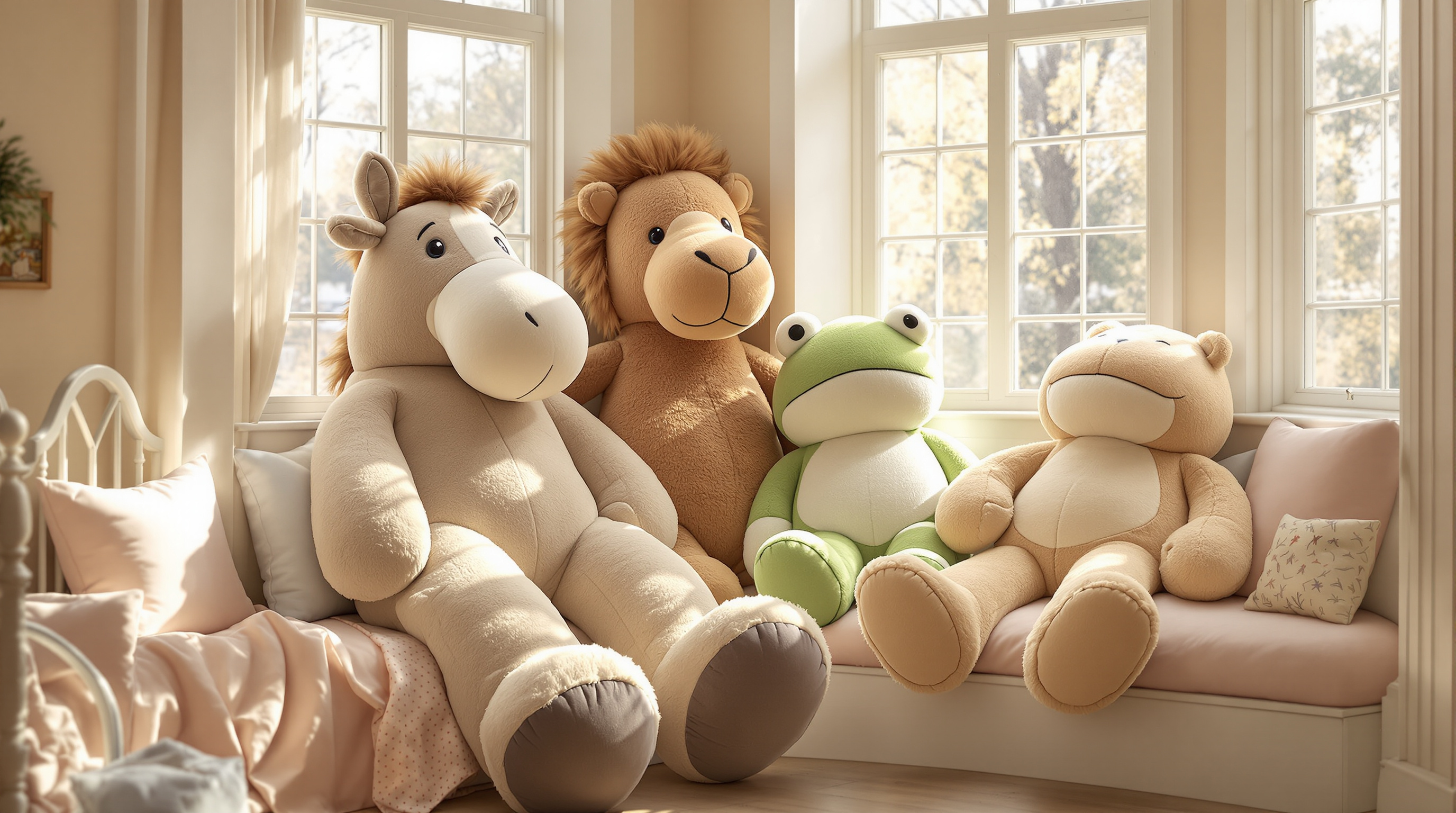 Giant floppy stuffed horse, camel and frog arranged on a sunny window seat