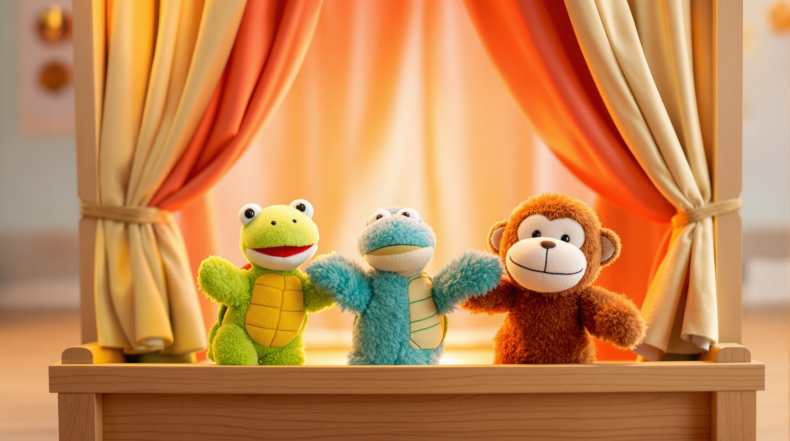 Plush animal hand puppets arranged on a small wooden puppet theater
