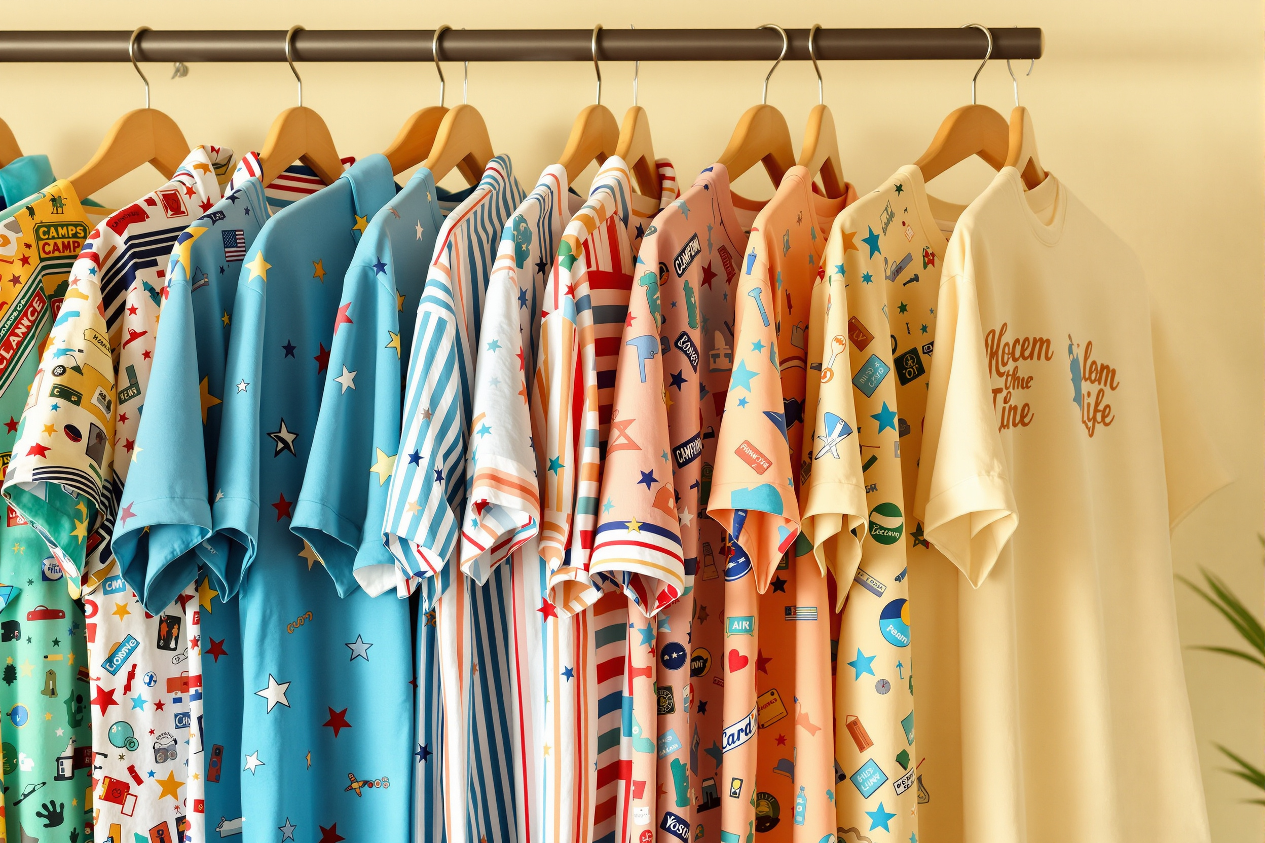 Display of colorful novelty shirts on wooden hangers