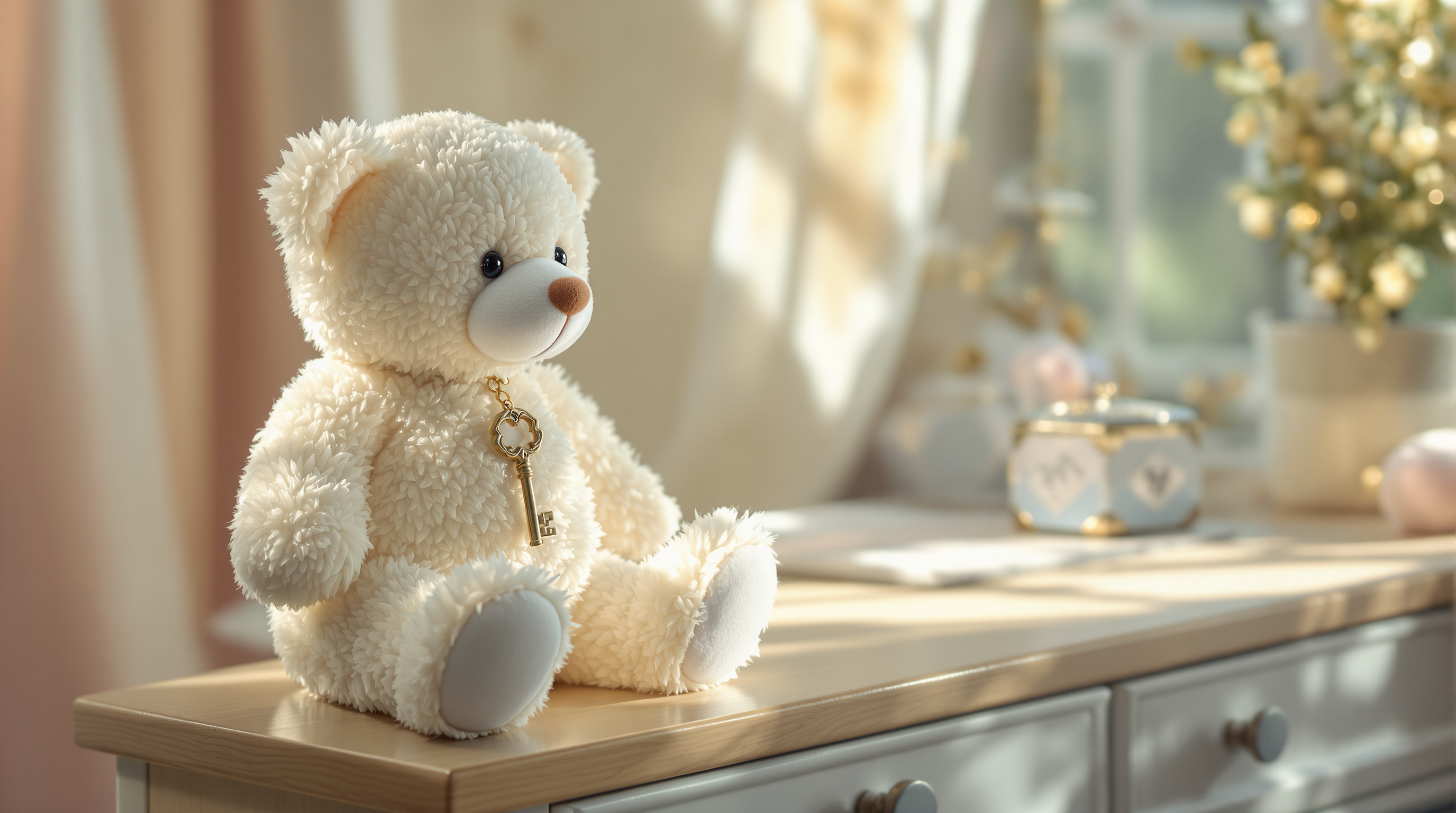 Plush teddy bear with a wind-up key sitting on a nursery dresser