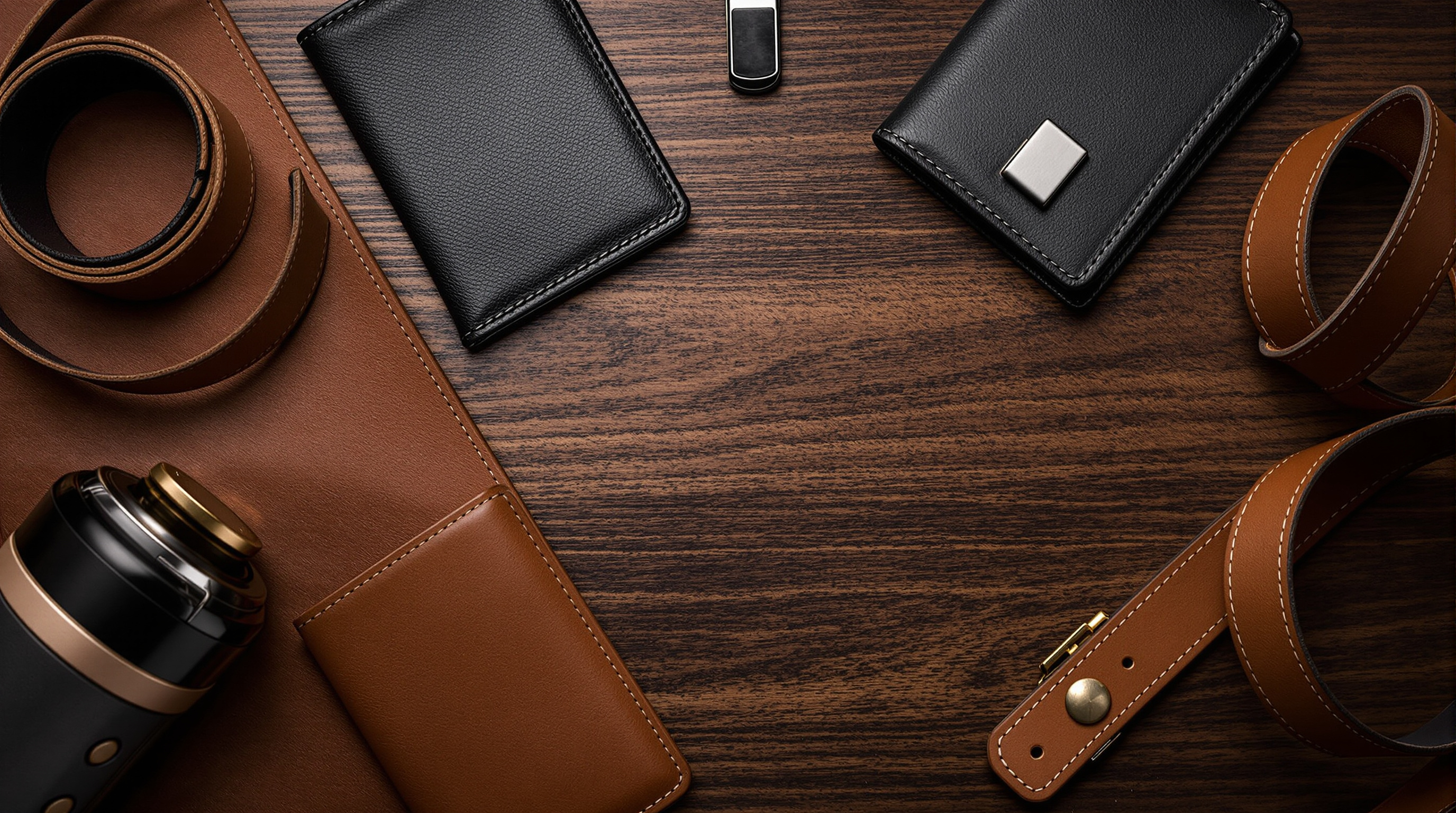 Leather wallets, belt and money clip arranged on dark walnut wood